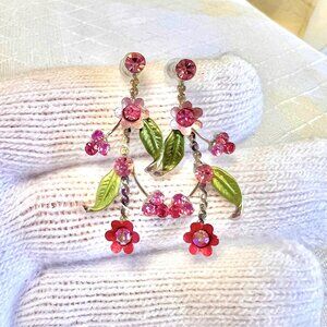 Vintage Crystal Rhinestone Earrings, Pink Floral Dangle Drop Earrings,